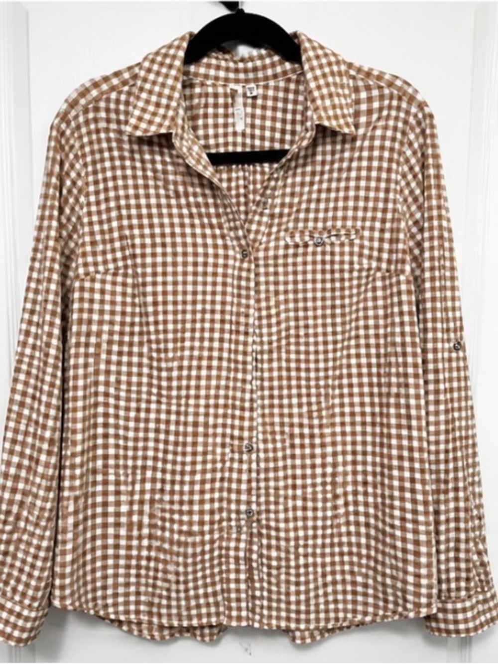 KUT From The Kloth XL Tan White Gingham Button Front Roll Tab Blouse 0071